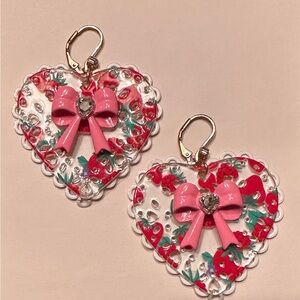 Betsey Johnson Baby Cakes Lace Heart Strawberry Pink Bow Crystal Earrings